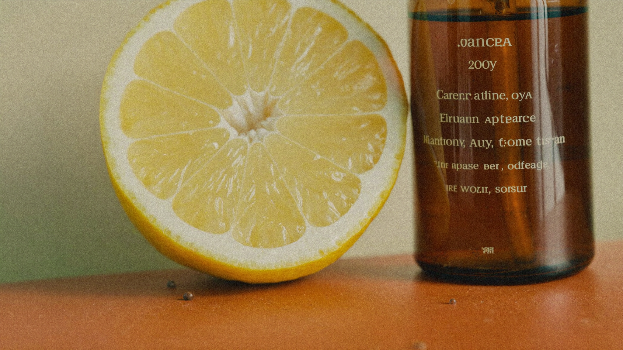 Warm cross-section of citrus texture beside an amber airless bottle in soft light