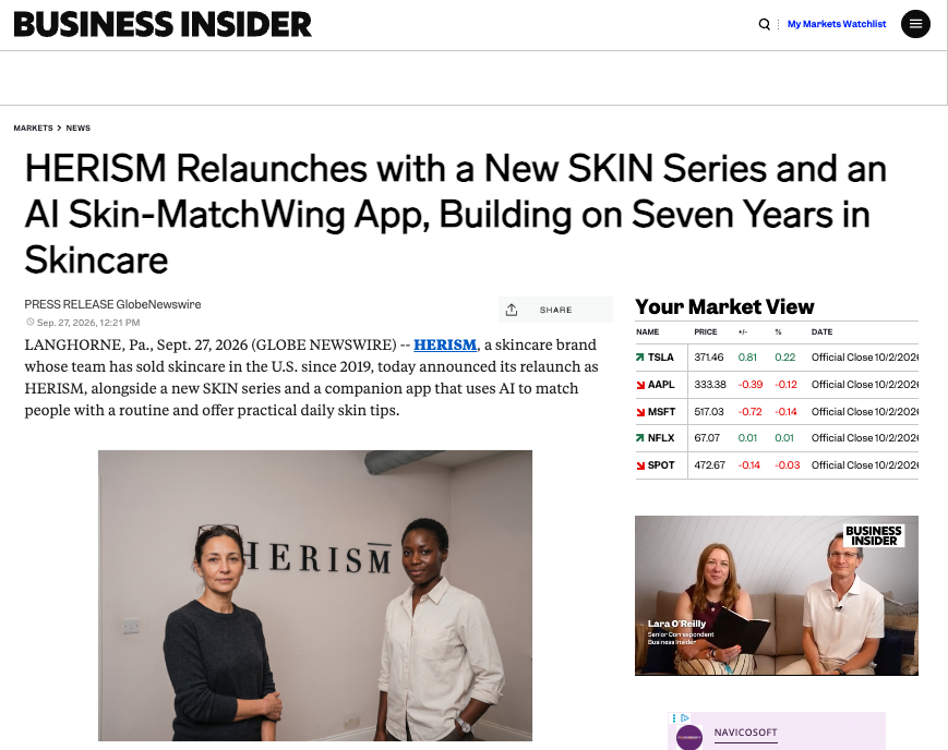 Business Insider article page announcing the HERISM relaunch, with a photo of two HERISM team members